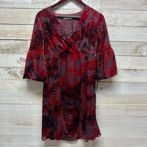 Newport News Dress Womens Large Red‎ Floral Velvet Burnout Bell Sleeves